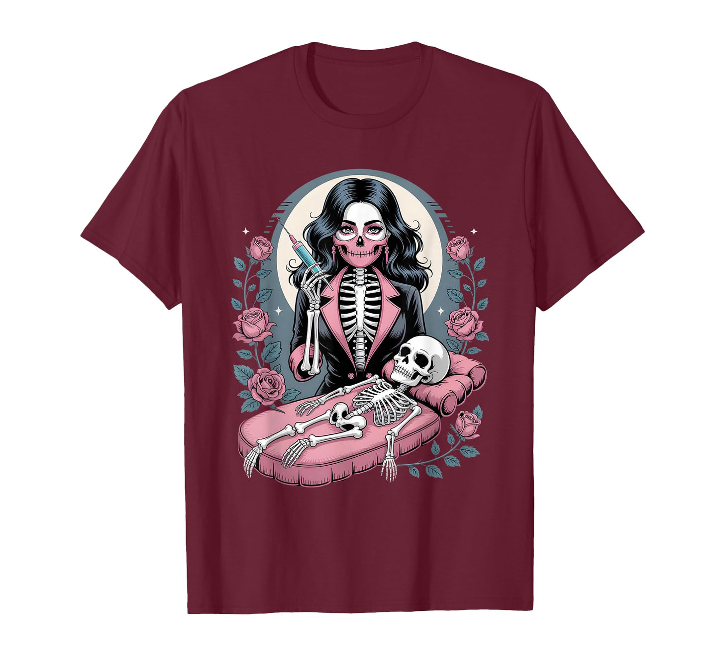 Halloween Gothic Skeleton Beautician with Syringe T-Shirt