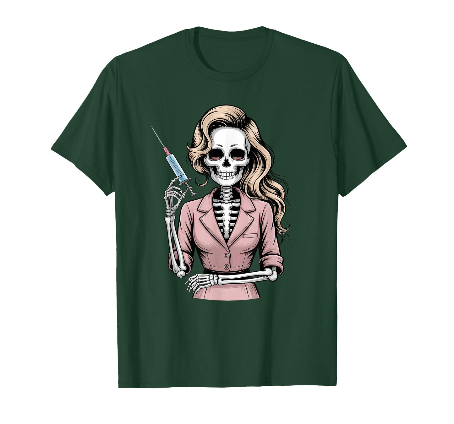 Halloween Gothic Skeleton Beautician Nurse with Syringe T-Shirt