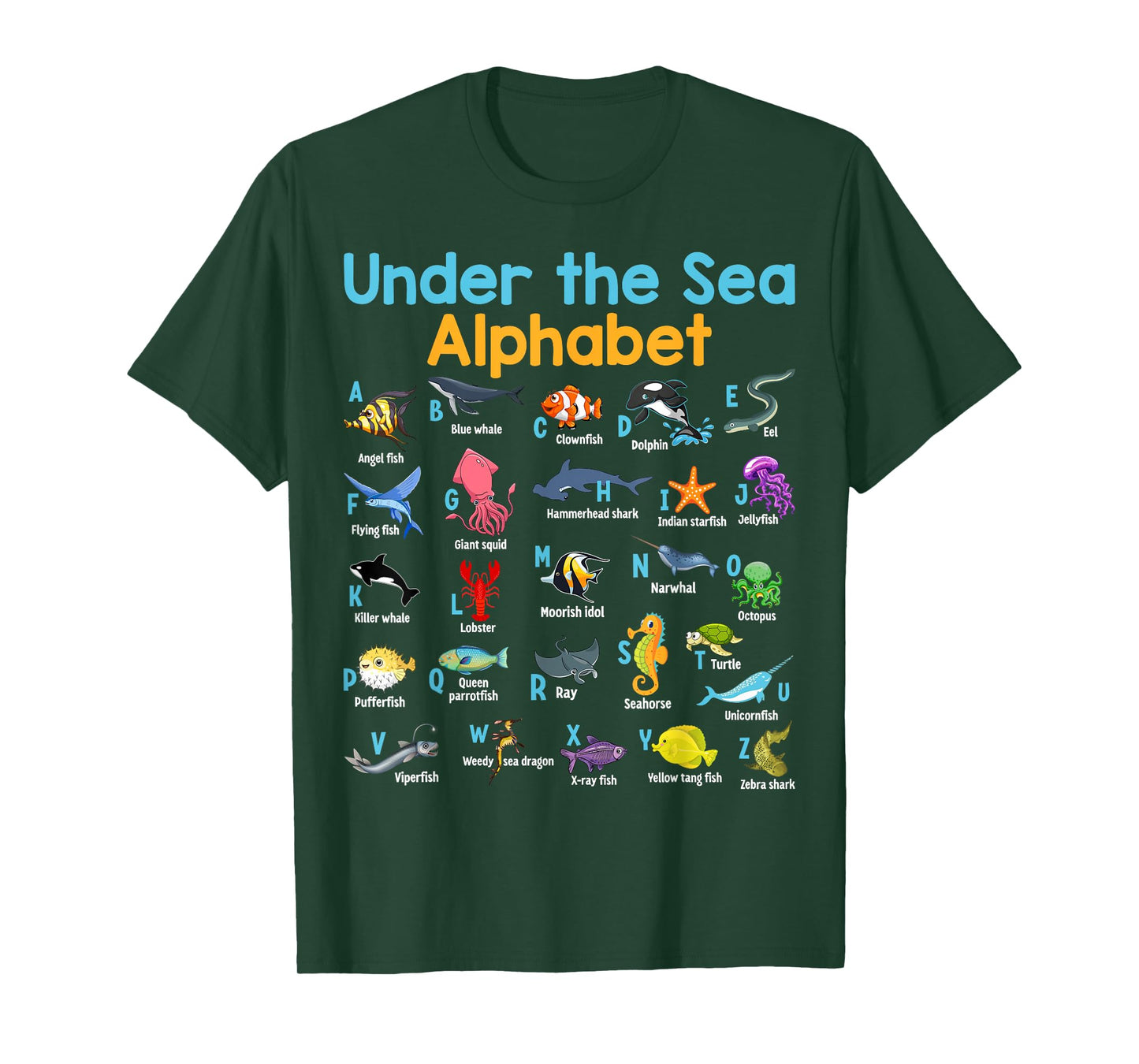 ABC Animals Under Water A-Z Types of Sea Animals Alphabet T-Shirt
