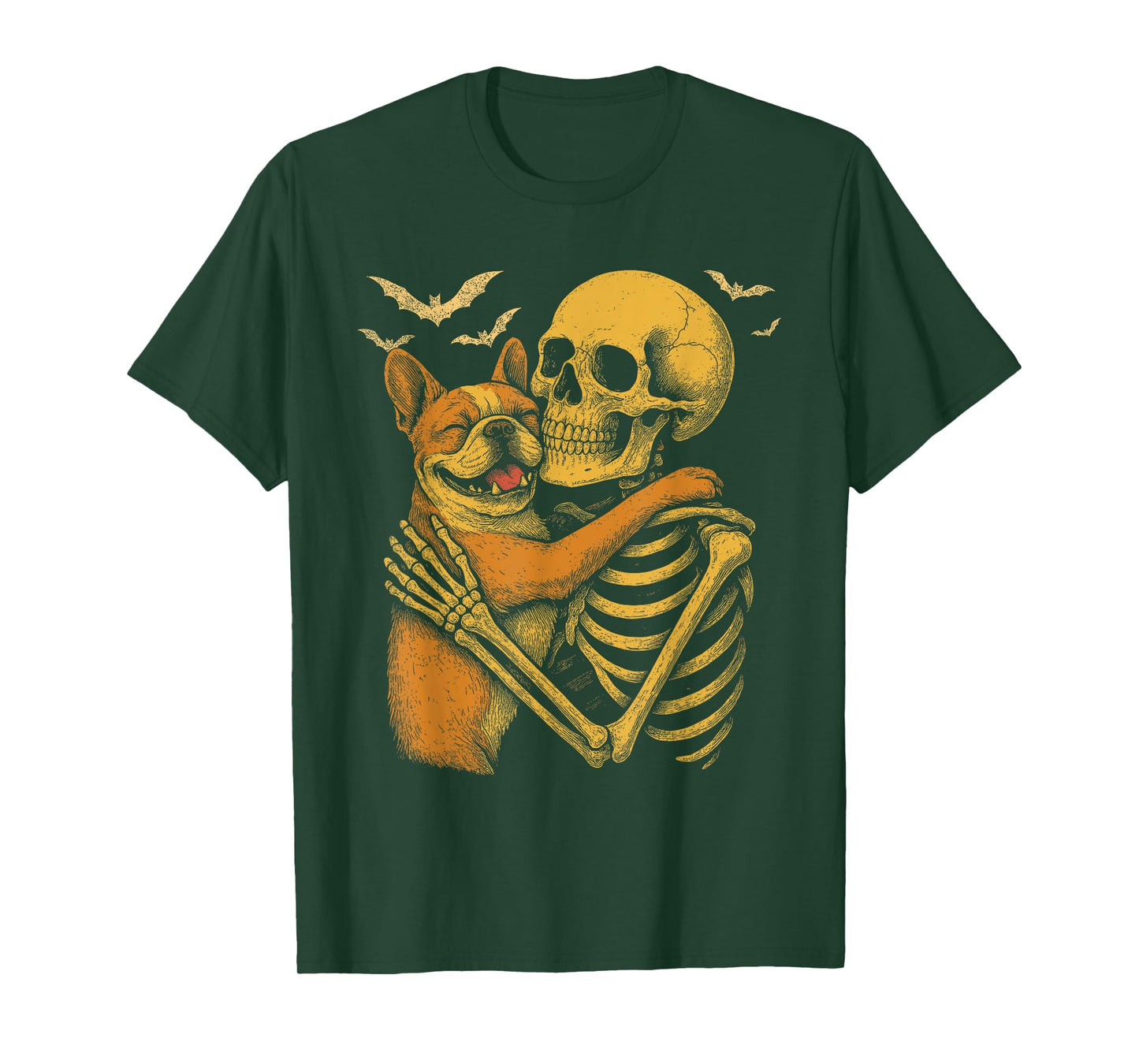 Gothic Halloween Skeleton Hugging French Bulldog Dog T-Shirt