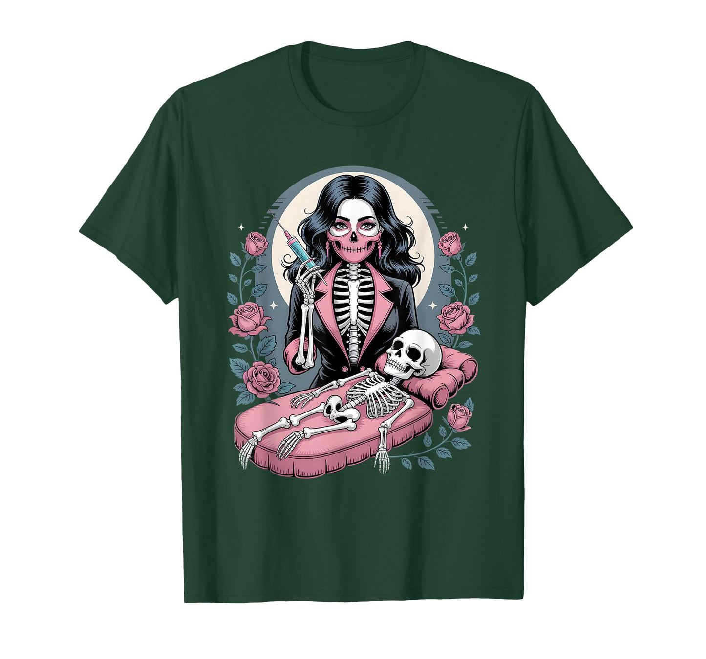 Halloween Gothic Skeleton Beautician with Syringe T-Shirt