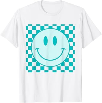 Retro Happy Face Shirt Checkered Pattern Smile Face Trendy T-Shirt
