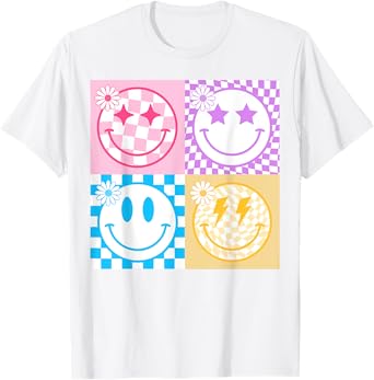 Retro Happy Face Shirt Checkered Pattern Smile Face Trendy T-Shirt