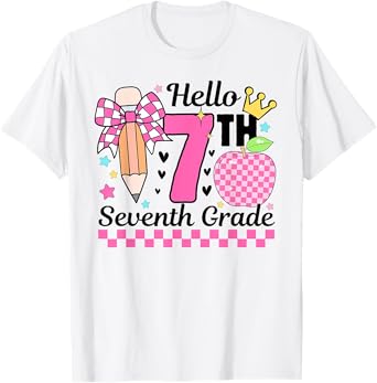 First Day Of School Back To School Hello 7th Grade Bow Girls T-Shirt