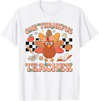 One Thankful Teacher Thanksgiving Retro Groovy Fall Teachers T-Shirt