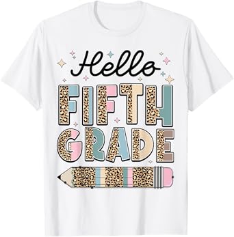 Leopard Hello 5th Fifth Grade First Day Girls Teachers T-Shirt
