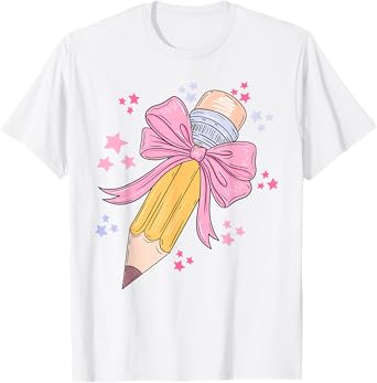 Pencil Coquette Bow Pink Back To School Teachers Girls Kids T-Shirt
