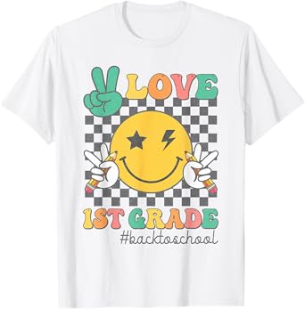 Peace Love 1st Grade Smile Face Back To School First Grade T-Shirt
