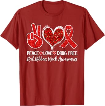 Peace Love Drug Free Red Ribbon Week Awareness 2022 T-Shirt
