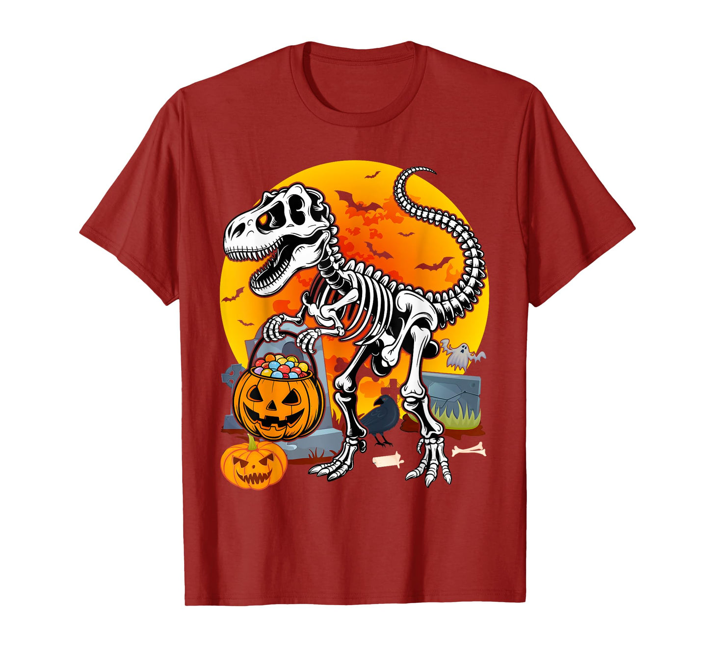 Dinosaur Skeleton T rex Scary Pumpkin Moon Kids Halloween T-Shirt