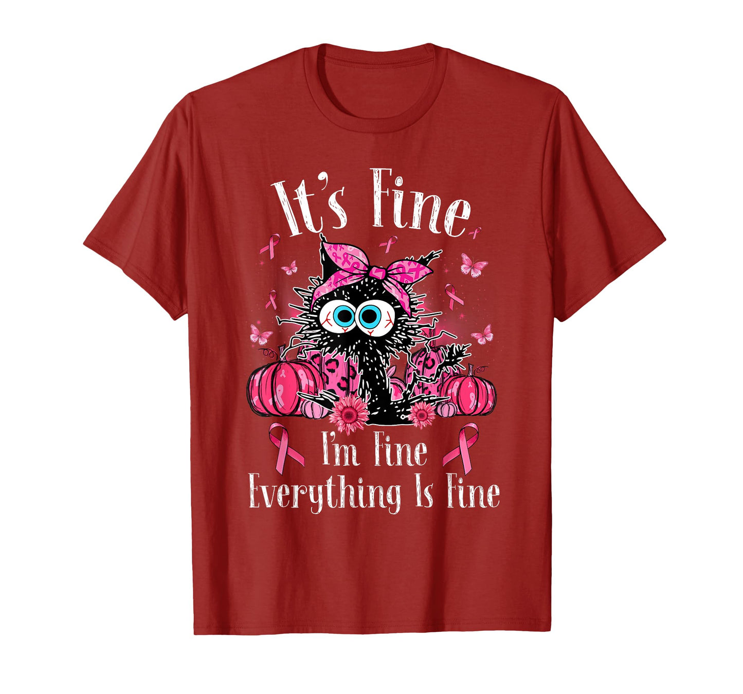 It's Fine I'm Fine Black Cat Pink Ribbon Breast Cancer Women T-Shirt