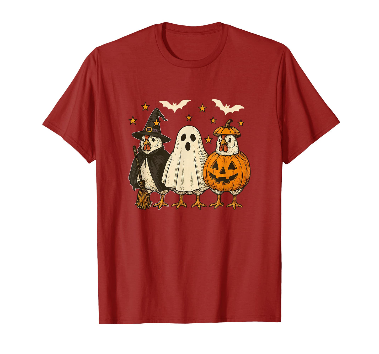 Three Halloween Chickens Cosplay Witch Boo Carved Pumpkin T-Shirt