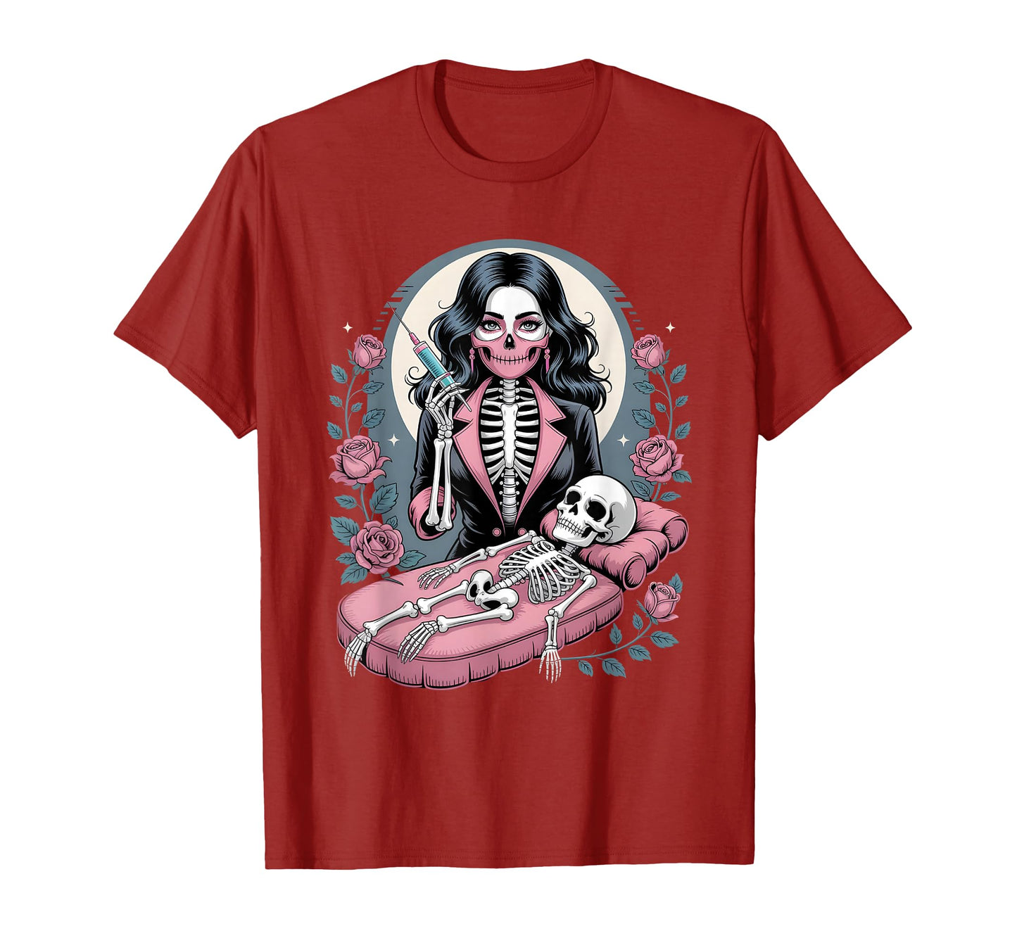 Halloween Gothic Skeleton Beautician with Syringe T-Shirt