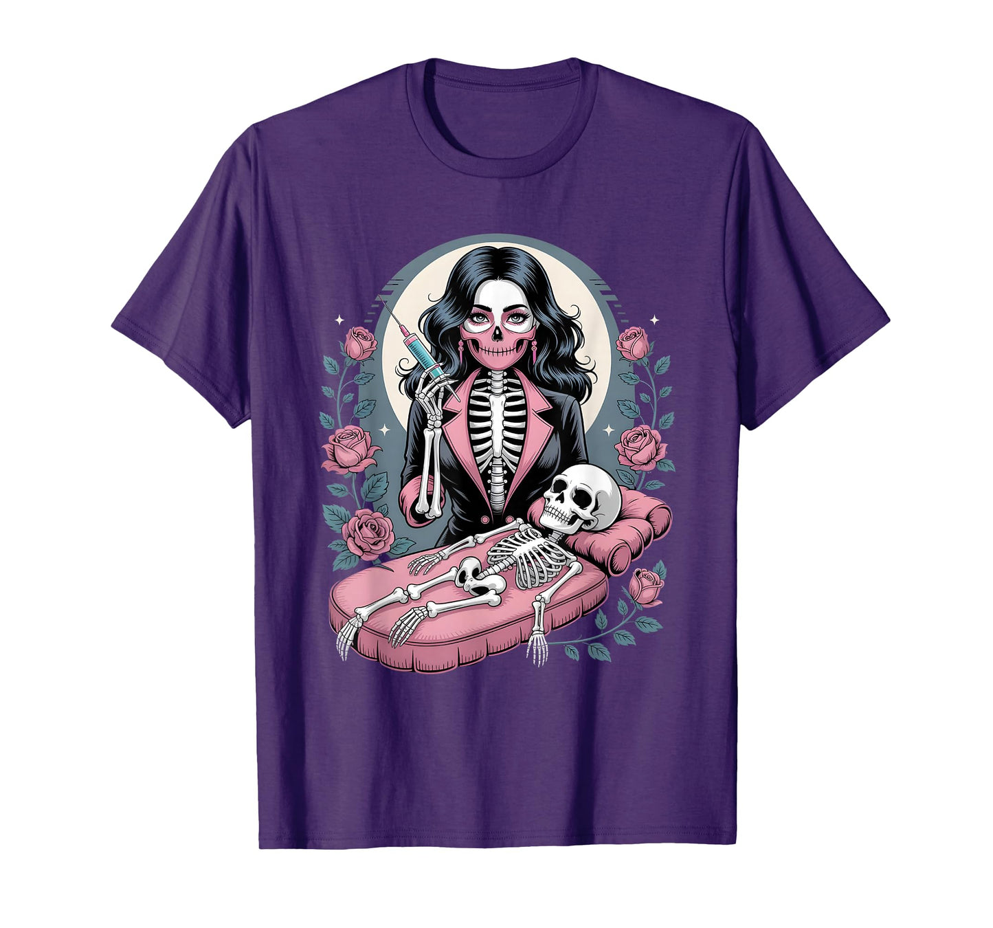 Halloween Gothic Skeleton Beautician with Syringe T-Shirt