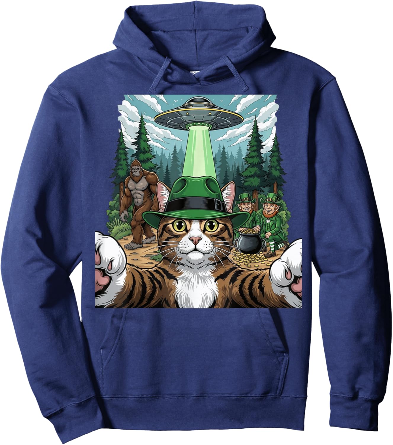 St Patricks Day Bigfoot Leprechaun Cat UFO Funny Scene T-Shirt - Hoodie | Navy