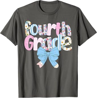 Preppy Fourth Grade Teacher Blue Floral Coquette Pencil Bow T-Shirt