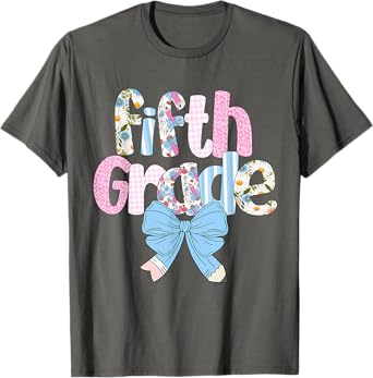 Preppy Fifth Grade Teacher Blue Floral Coquette Pencil Bow T-Shirt