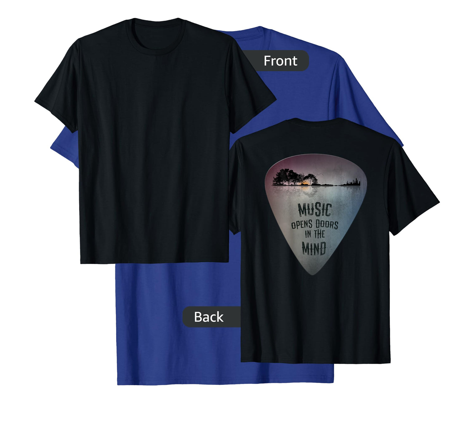 ON BACK Distressed Guitar Pick Lake Reflections Music Guitar T-Shirt