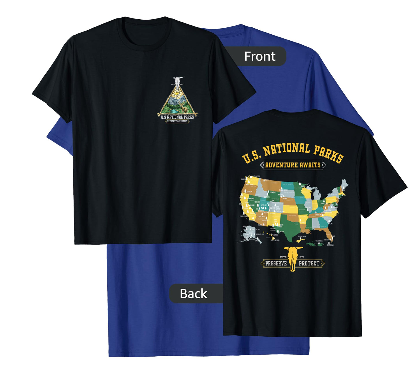 All 63 US National Parks Adventure Map Graphic(+ back print) T-Shirt