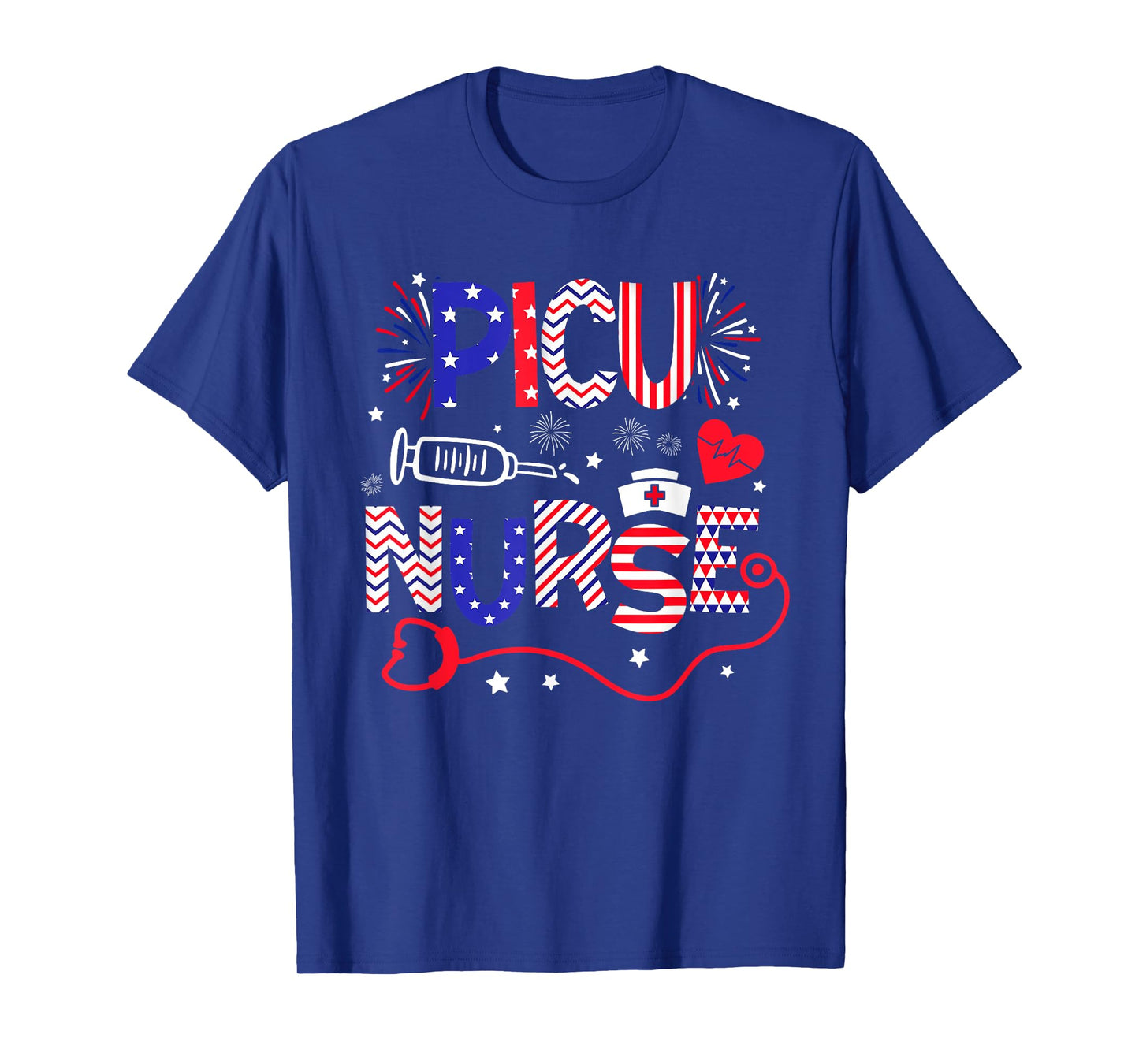 PICU Nurse 4th Of July Patriotic American Flag Stethoscope T-Shirt