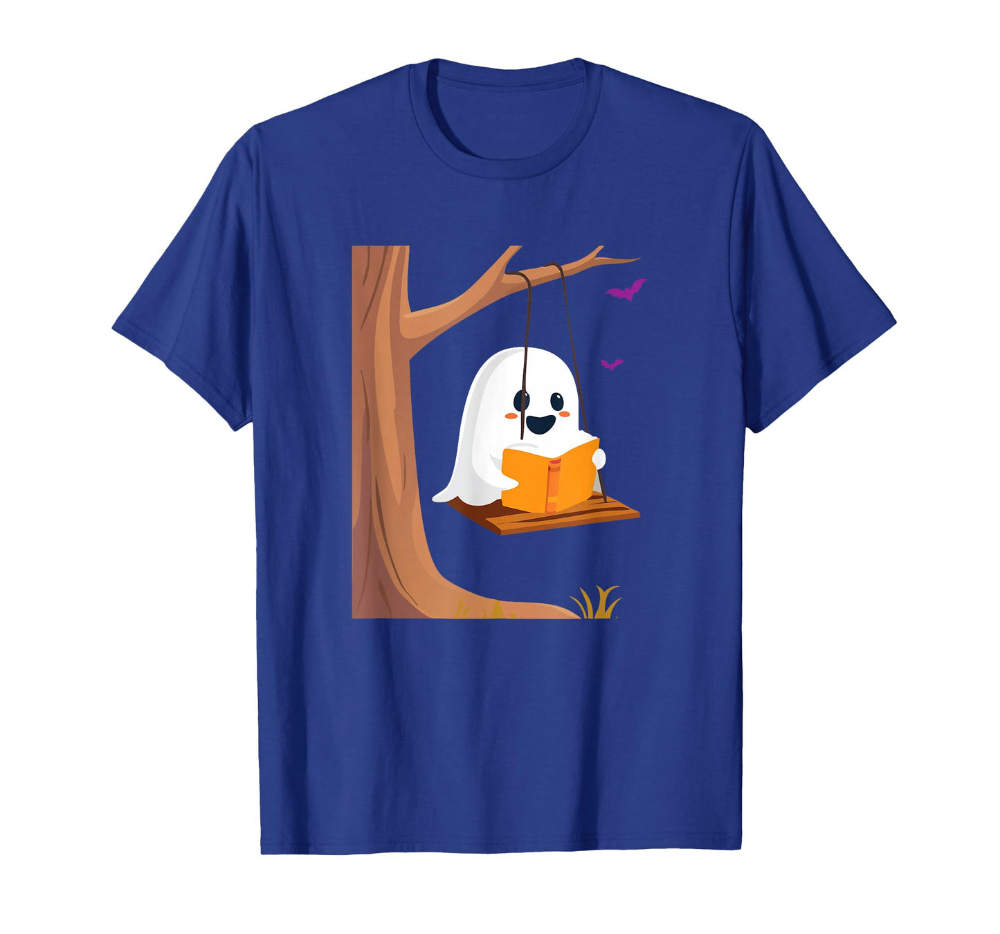 Kawaii Halloween Ghost Swinging Reading Book Bookish T-Shirt