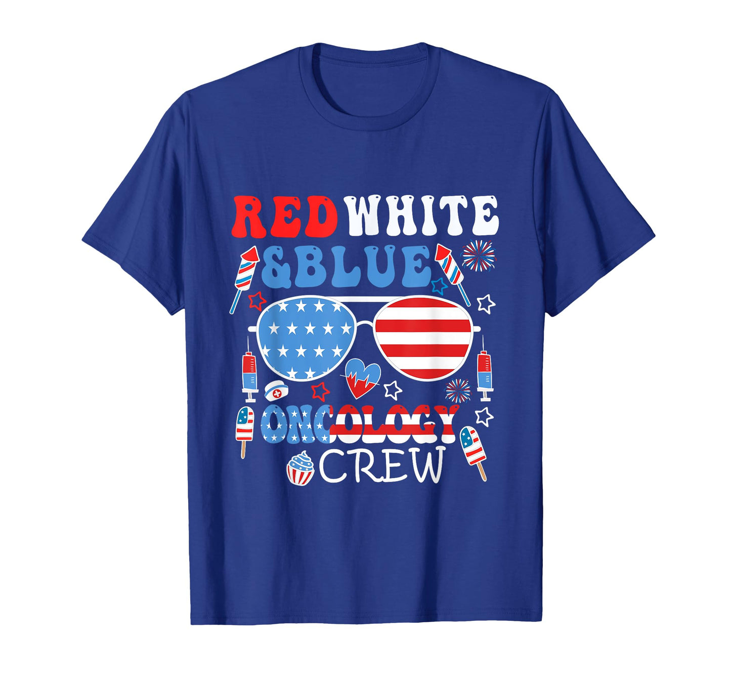 Groovy Red White Blue American Oncology Crew 4th of July T-Shirt