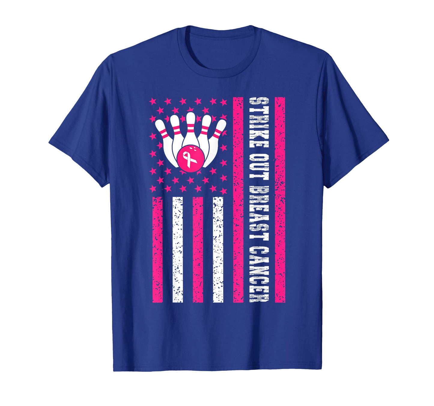 Strike Out Bowling Ribbon USA Flag Breast Cancer Awareness T-Shirt