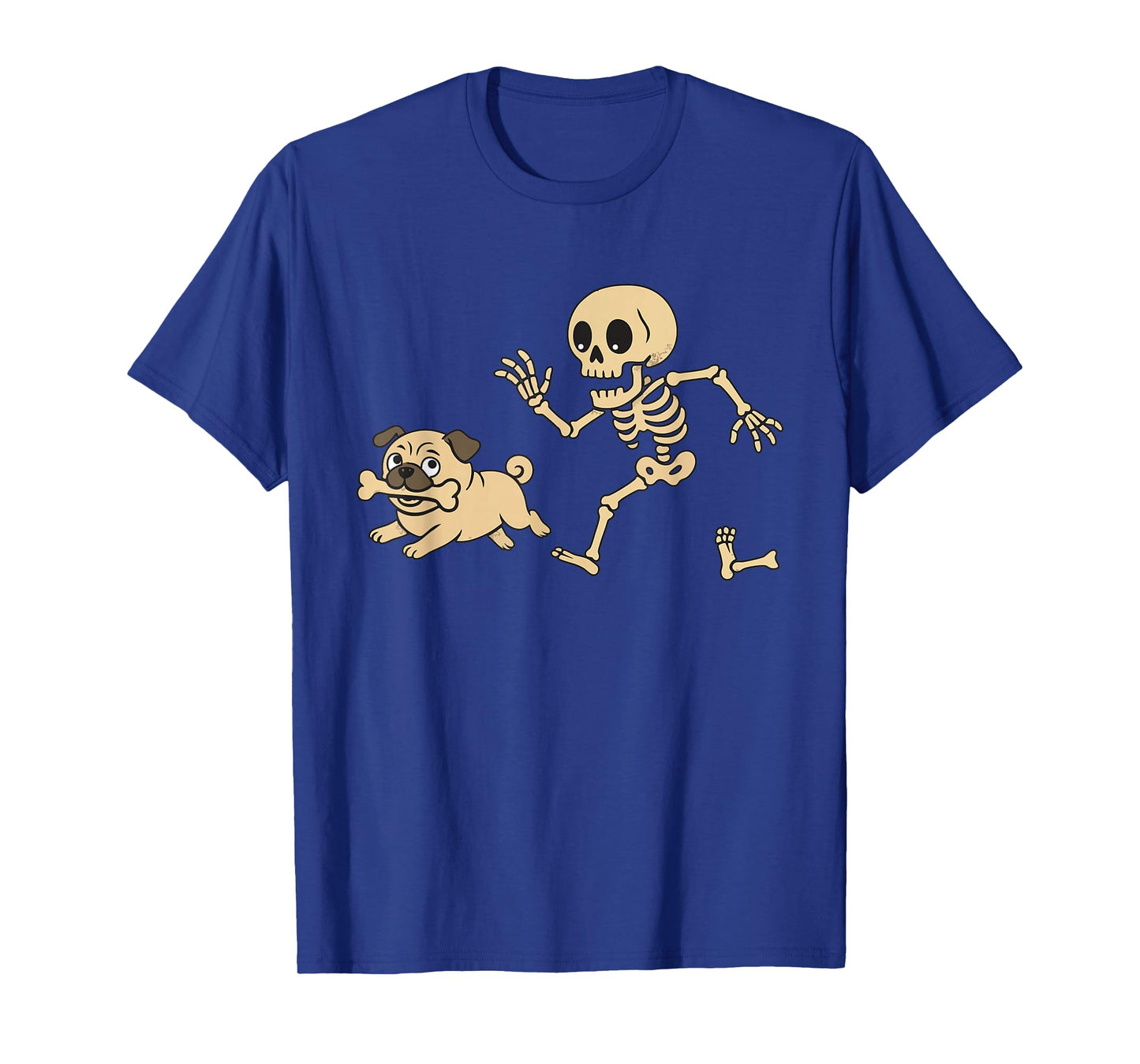 Funny Skeleton Chasing Cute Pug Cartoon Spooky Halloween T-Shirt