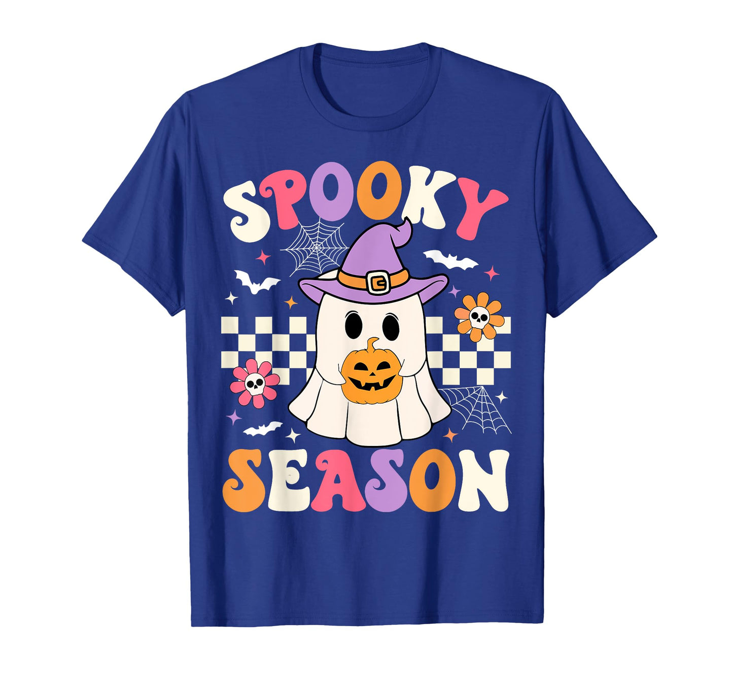 Groovy Spooky Season Retro Halloween Ghost Holding Pumpkin T-Shirt