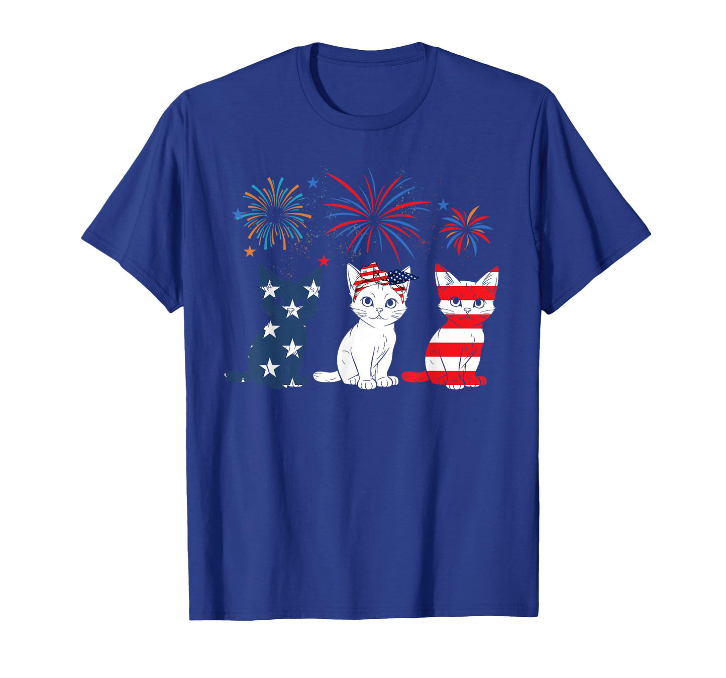 Red White Blue Cat USA Flag Firework 4th Of July T-Shirt