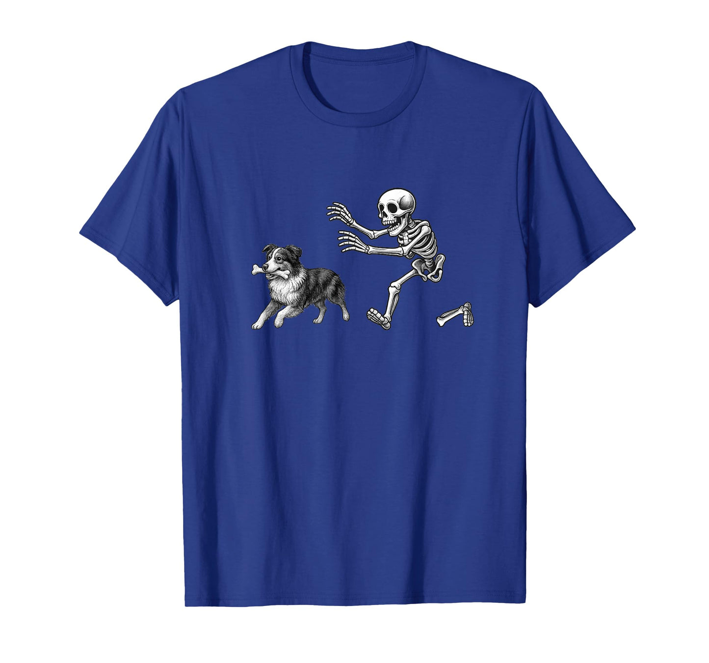 Funny Skeleton Chasing Australian Shepherd Dog Halloween T-Shirt