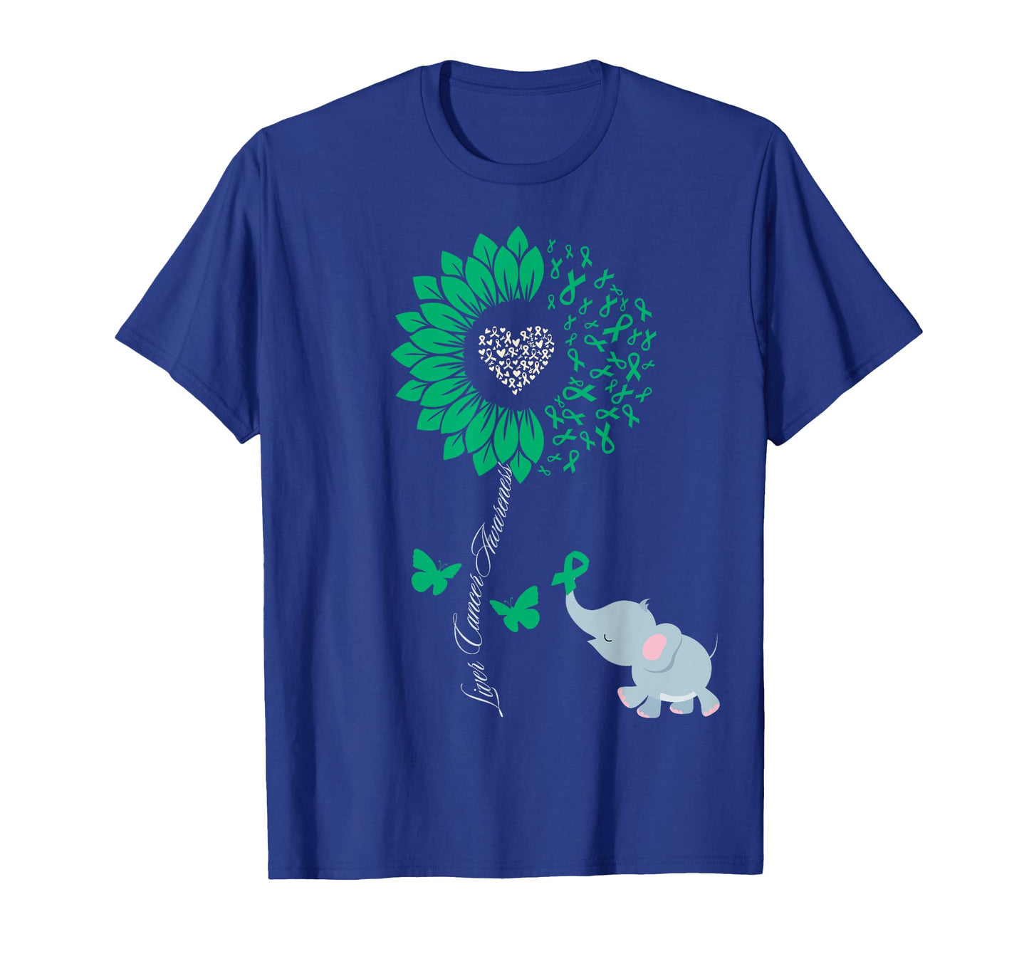 Liver Cancer Awareness Sunflower Elephant Butterfly Green T-Shirt