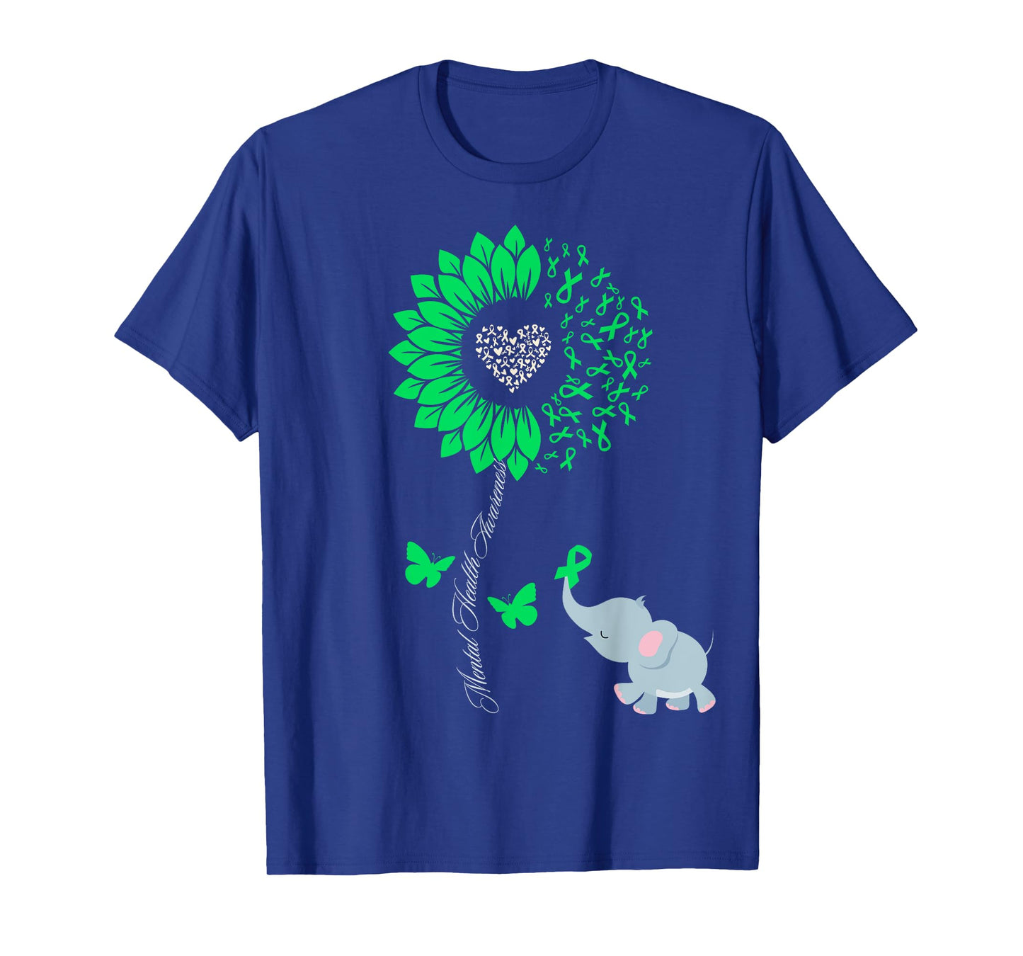 Mental Health Awareness Sunflower Elephant Butterfly Green T-Shirt