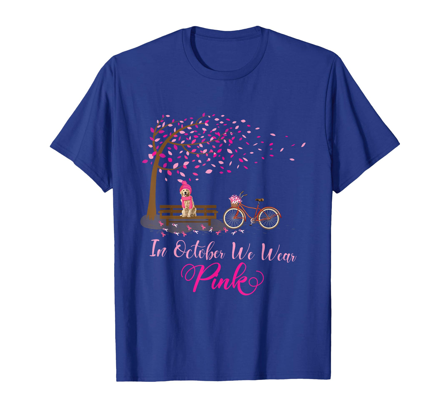 In October We Wear Pink with Golden Retriever Fall Cancer T-Shirt
