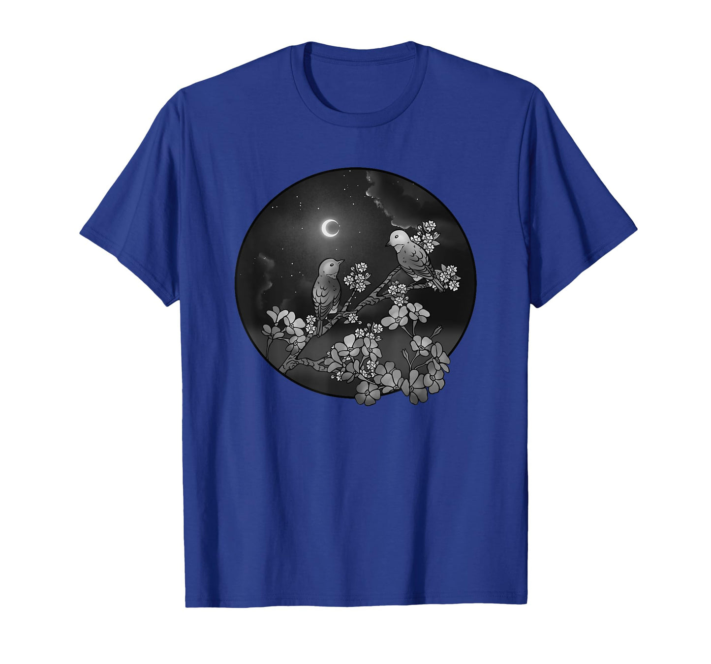 Blossoms Birds on Flowering Tree Starry Sky Crescent Moon T-Shirt