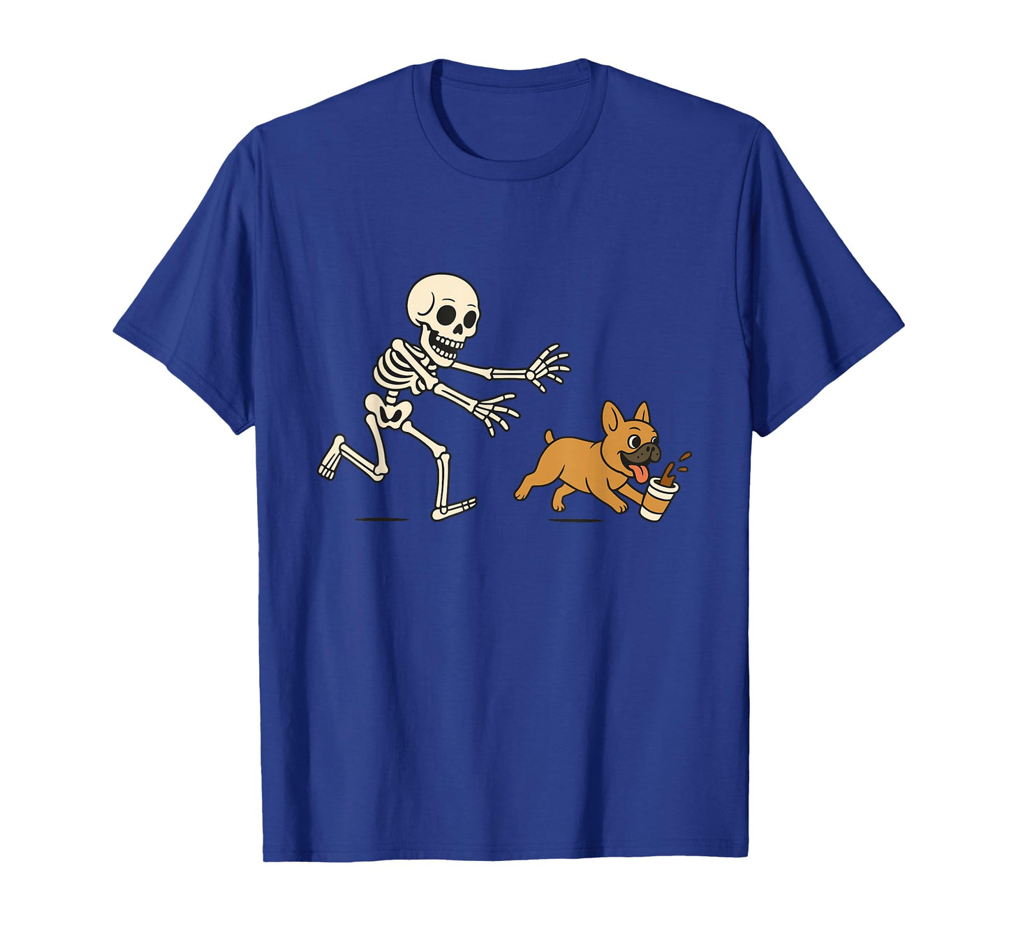 Skeleton Chasing French Bulldog Funny Coffee Lover Halloween T-Shirt