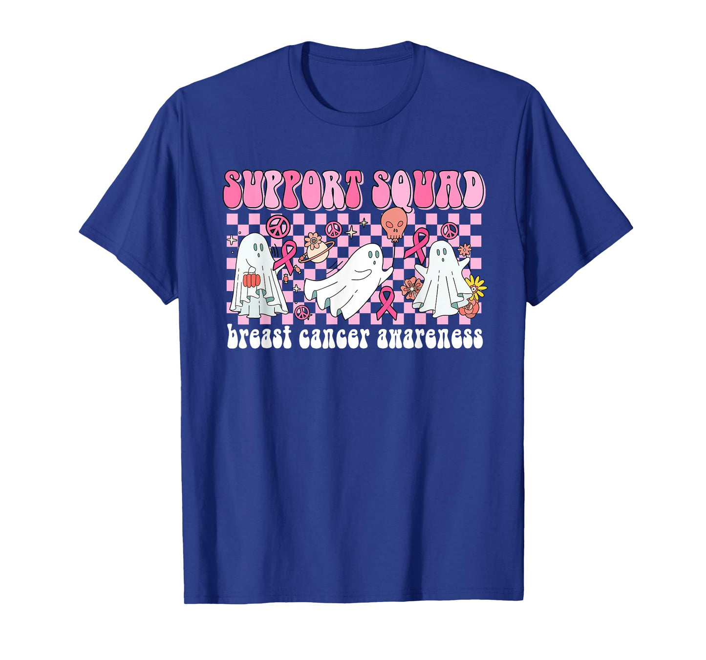 Groovy Halloween Cute Pink Ghost Breast Cancer Support Squad T-Shirt