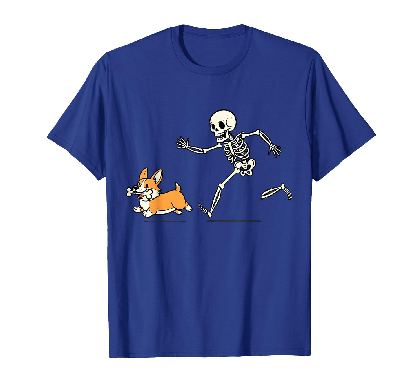 Funny Skeleton Chasing Cute Corgi Boo Running Dog Mom Dad T-Shirt