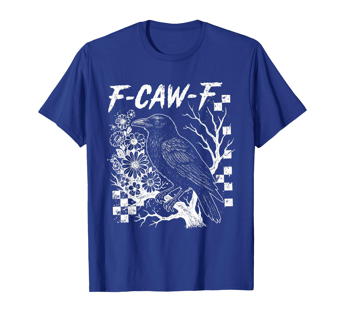 Checkered Floral Crow Raven F-CAW-F Halloween Dark Bird T-Shirt