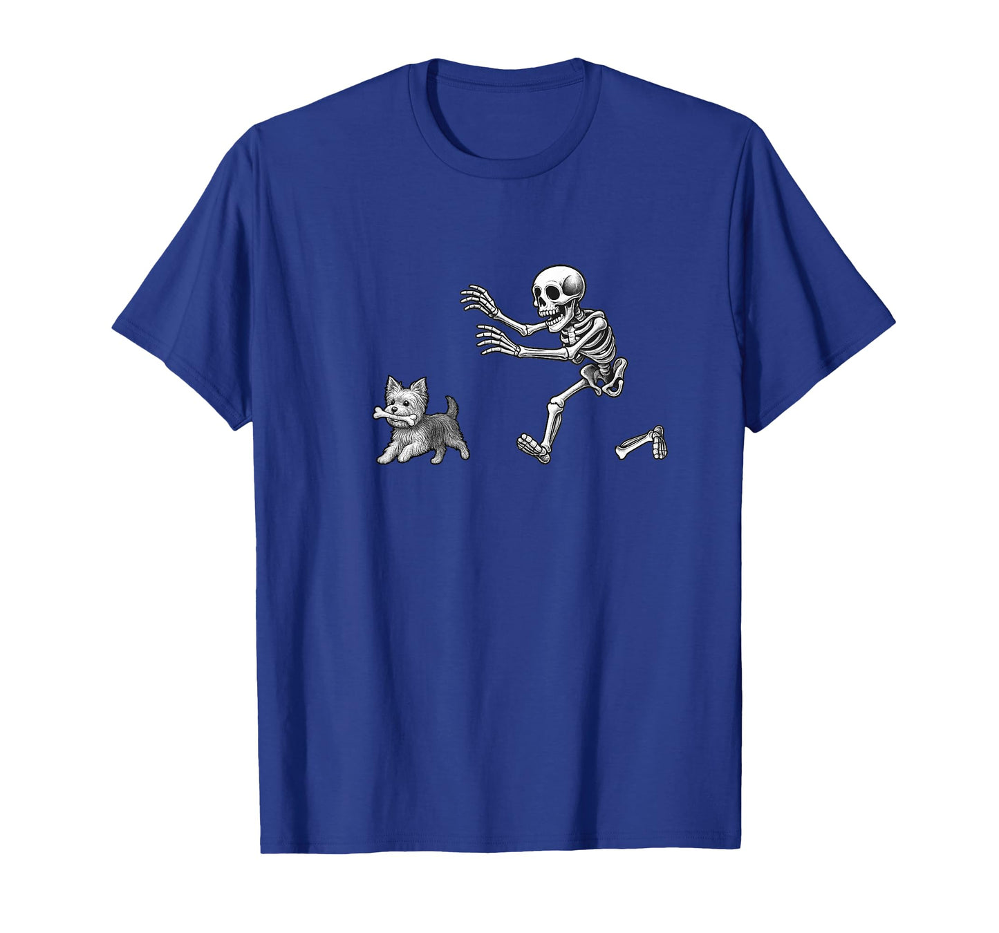 Funny Skeleton Chasing Yorkshire Terrier Halloween Dog Lover T-Shirt