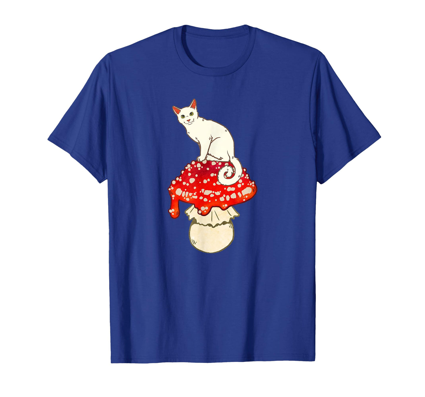 Cute White Cat Sitting on Red Spotted Mushroom - T-Shirt