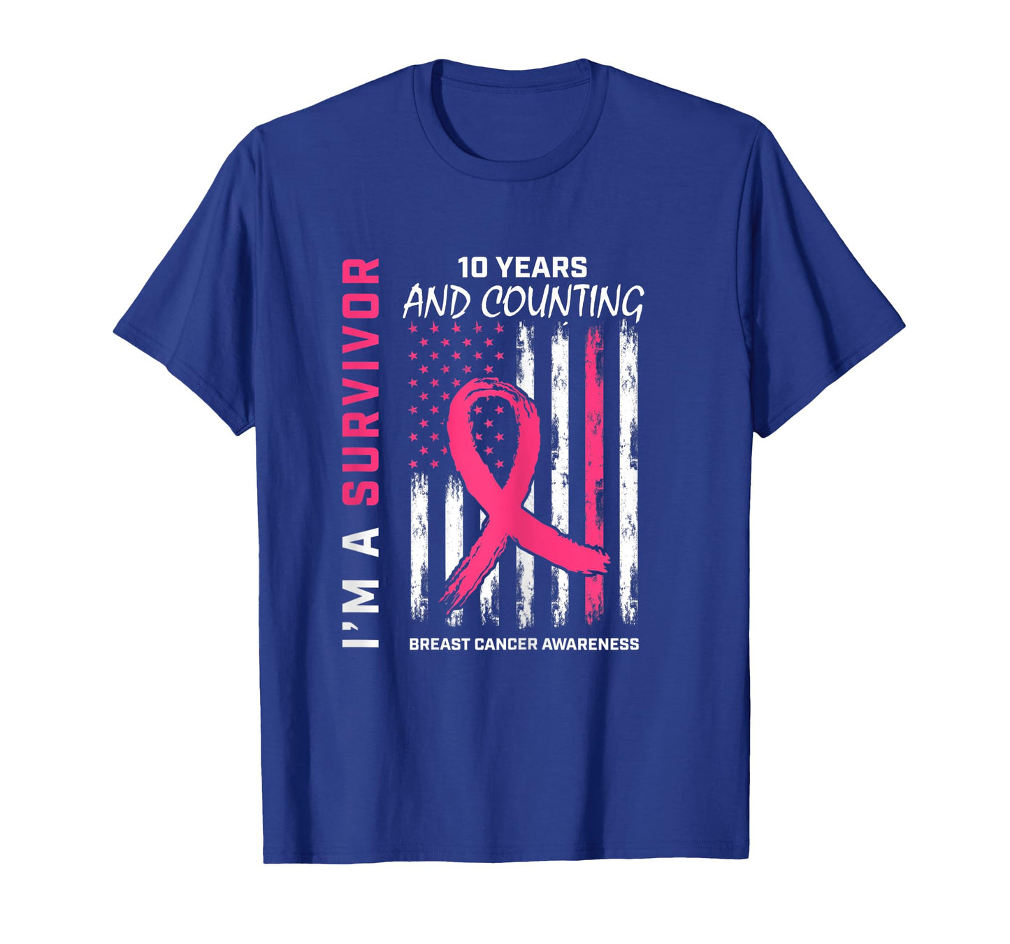 American Flag Pink Awareness 10 Year Breast Cancer Survivor T-Shirt for Women