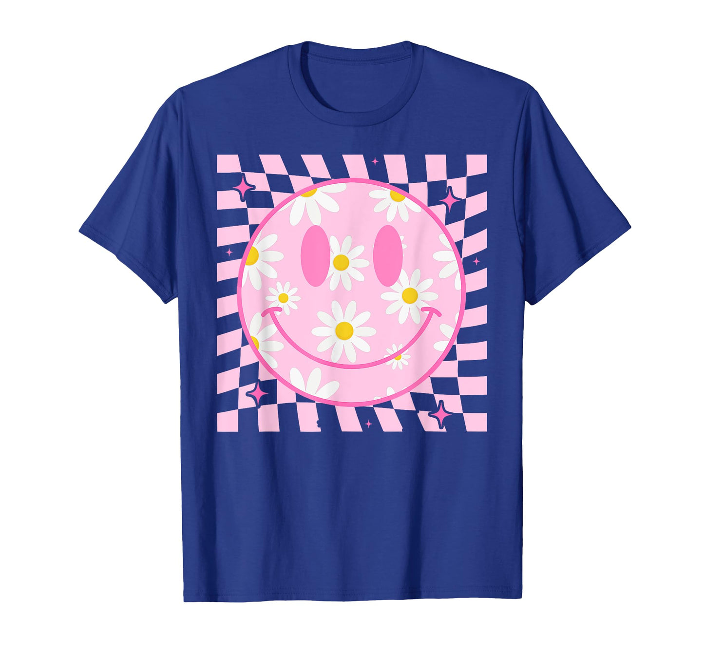 Retro Happy Smile Face Checkered Pattern Pink Daisy Flower T-Shirt