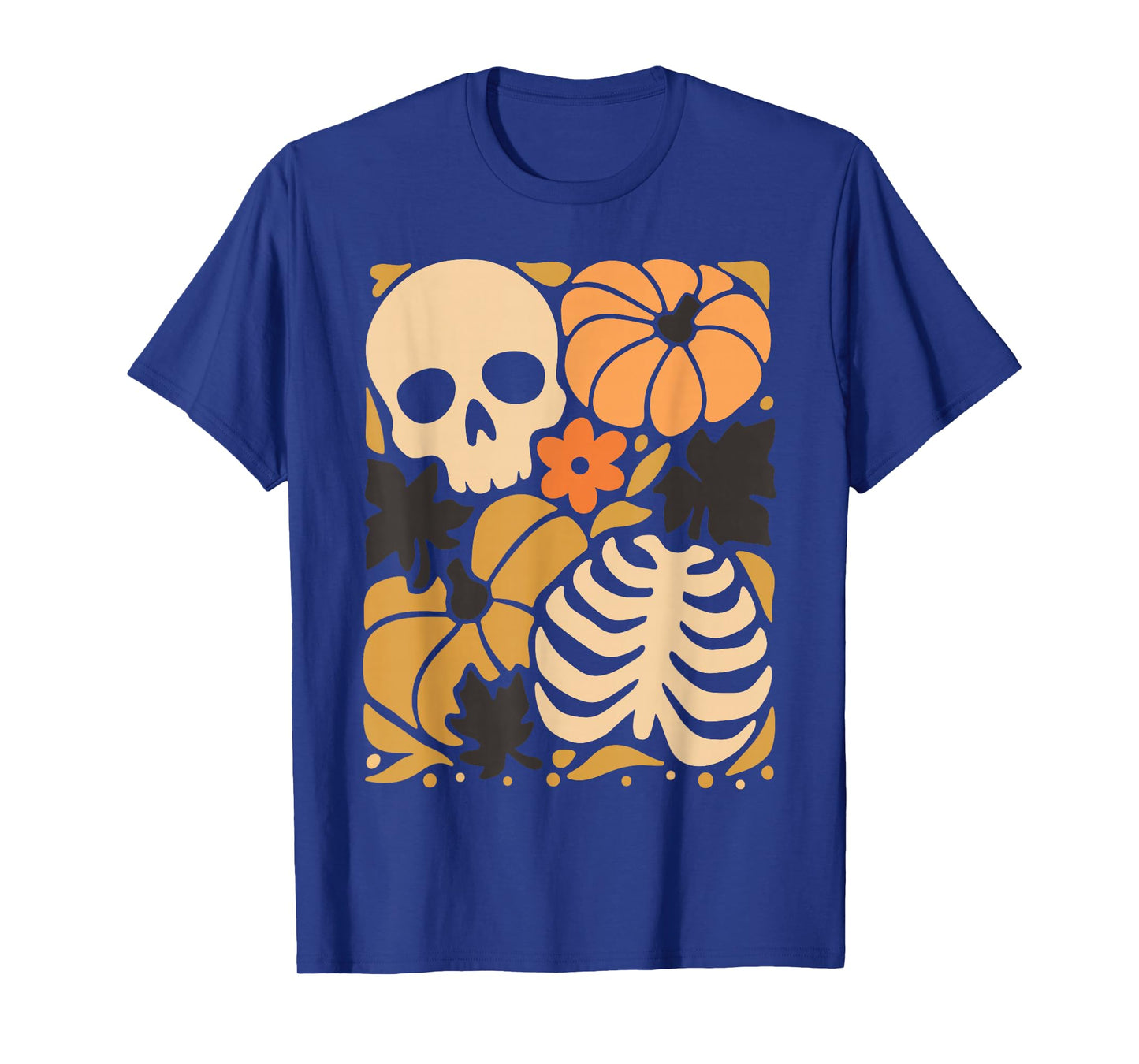 Retro Halloween Skull Pumpkin Ribcage Fall Leaves Spooky T-Shirt