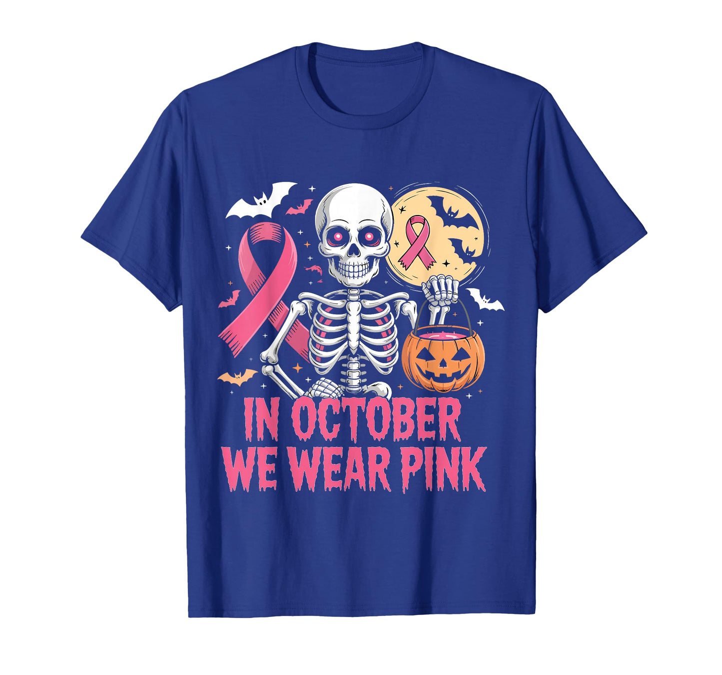 in October We Wear Pink Skeleton Breast Cancer Halloween T-Shirt