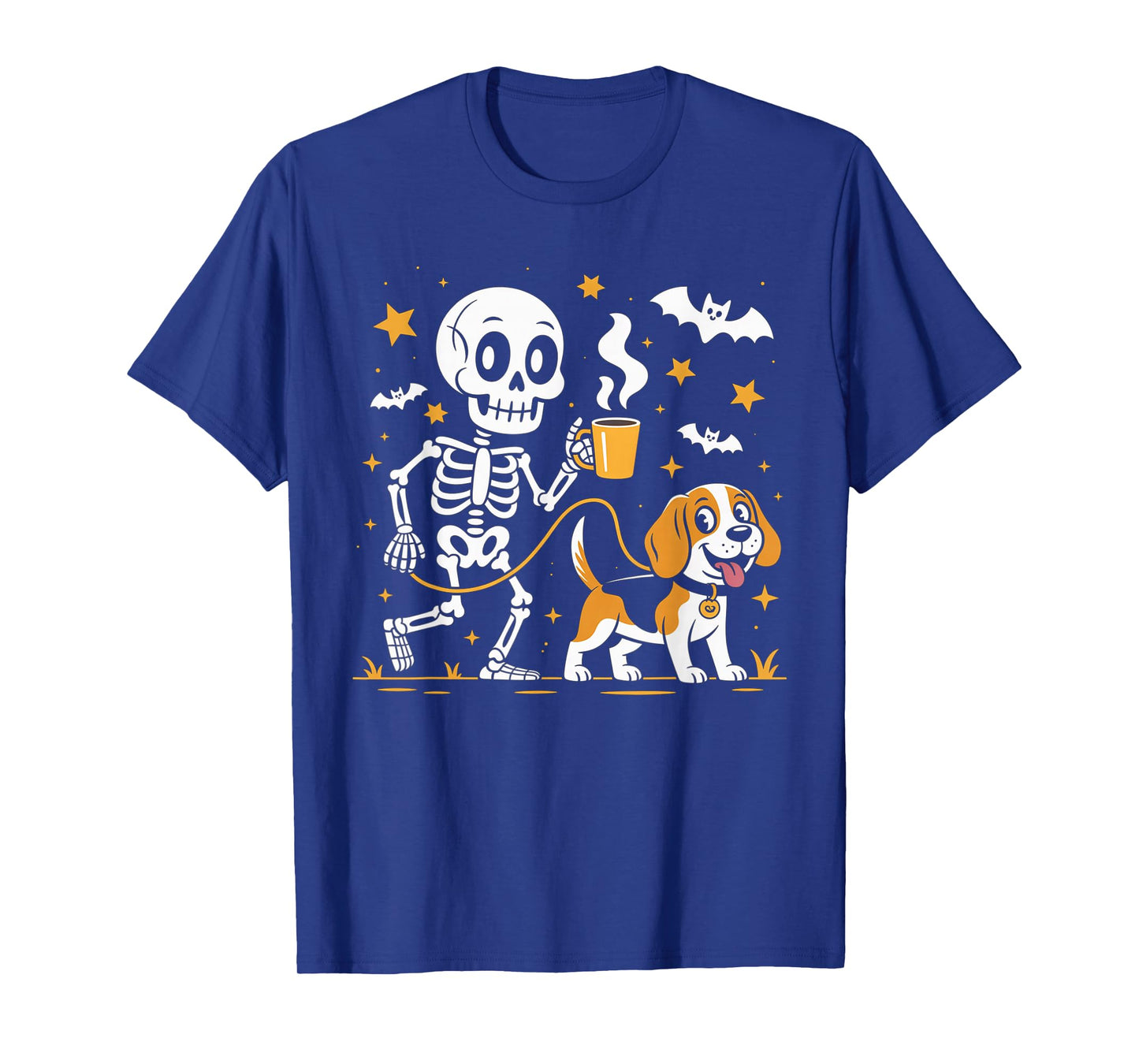 Skeleton Walking Beagle Dog Coffee Lovers Funny Halloween T-Shirt