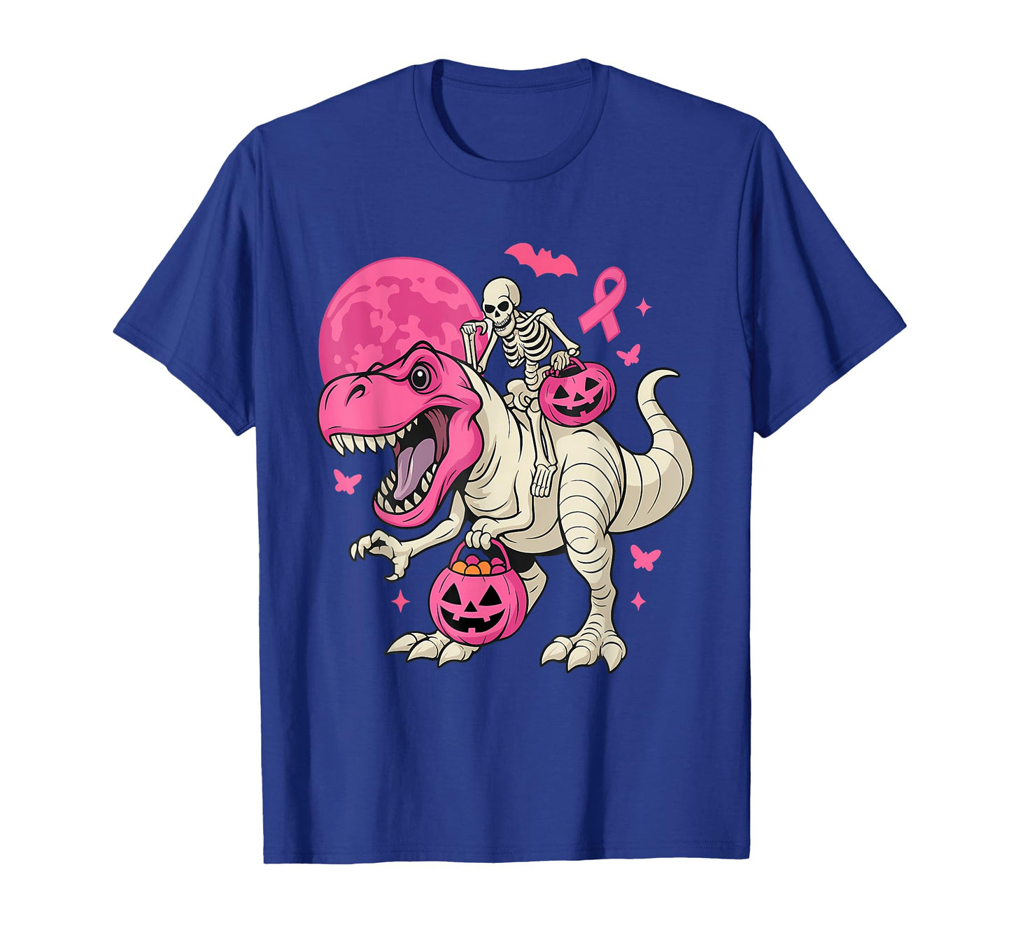 Skeleton Riding Dinosaur Halloween Pumpkin Breast Cancer T-Shirt