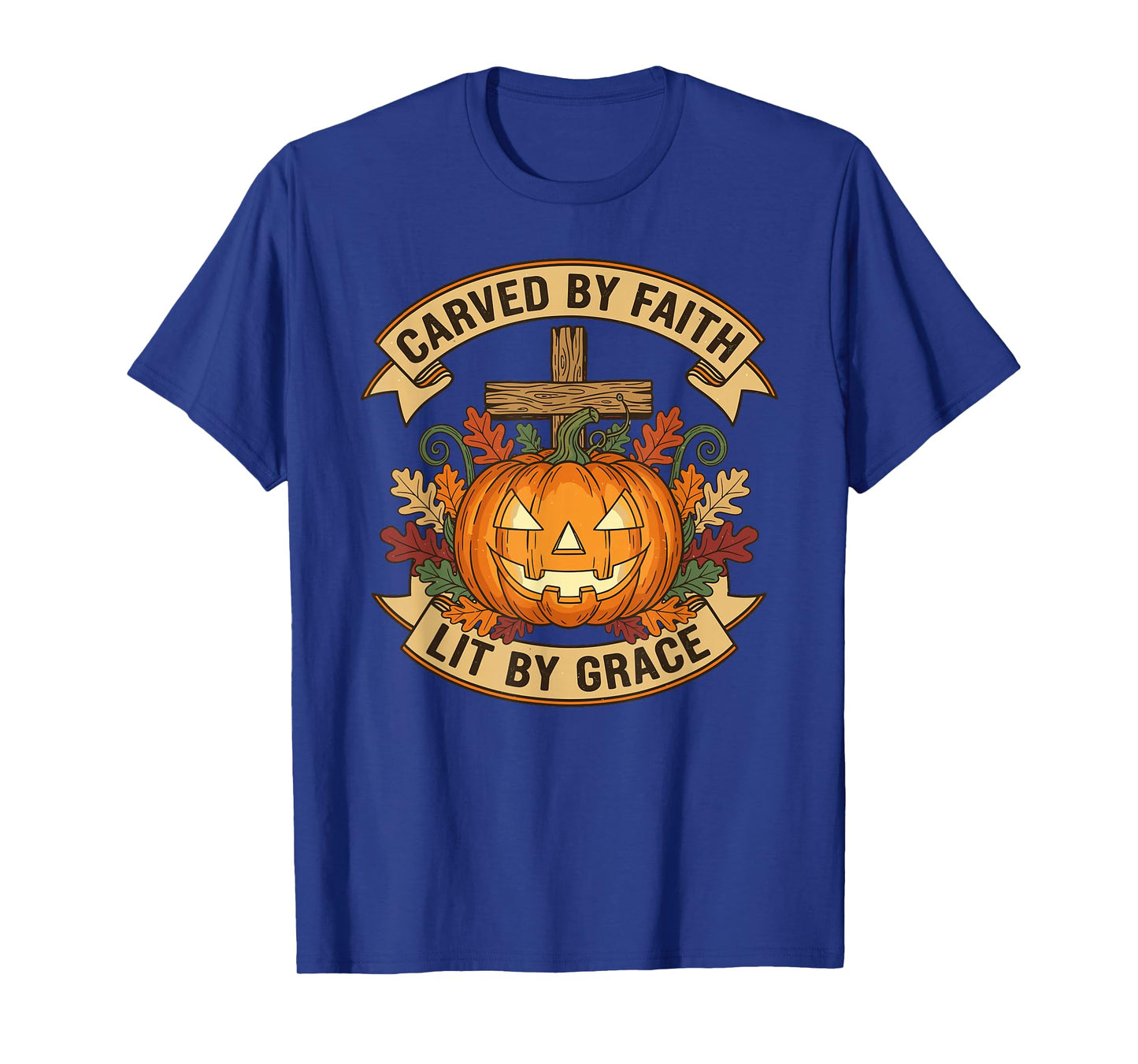 Carved by Faith Lit by Grace Pumpkin Oak Leaves Christian T-Shirt