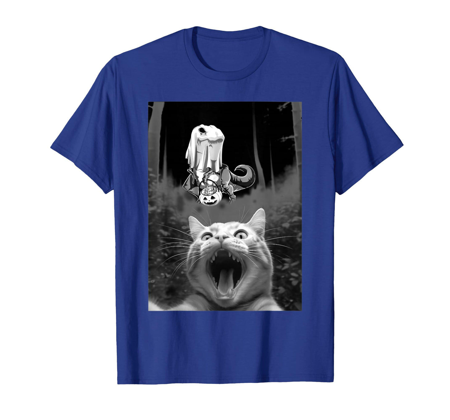 Surprised Cat Selfie with Dinosaur Skeleton Halloween Boo T-Shirt
