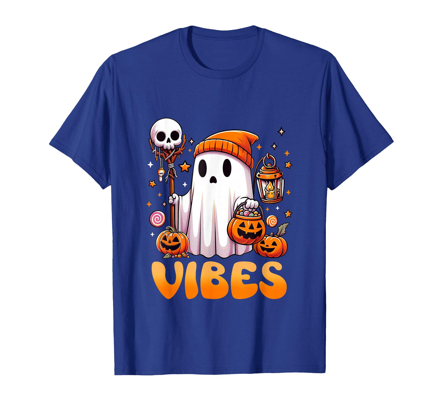 Groovy Spooky Vibes Retro Ghost Holding Pumpkin Halloween T-Shirt